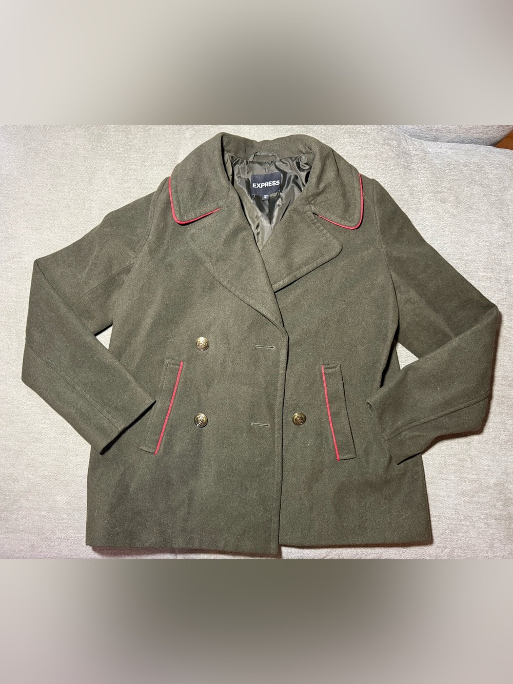 Express Olive Green Double-Breasted Peacoat with Red Piping